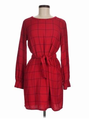 a new day Red Windowpane Tie Waist Long Sleeve Dress